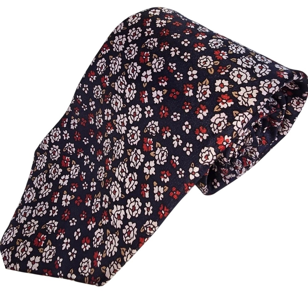 POWERS BRAND Vintage Navy blue tie with White, Red, Brown Flowers